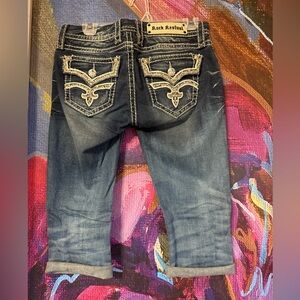 Rock Revival Dark Blue Cropped Jeans with Embroidered Pockets